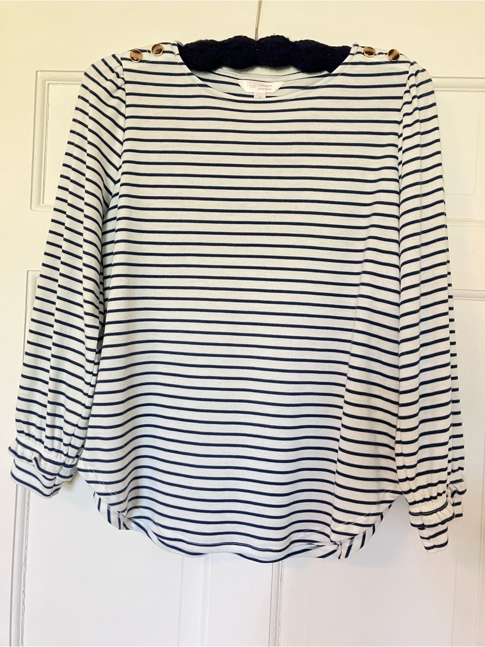 LC Lauren Conrad Navy & White Striped Long-Sleeve Top with Shoulder Buttons